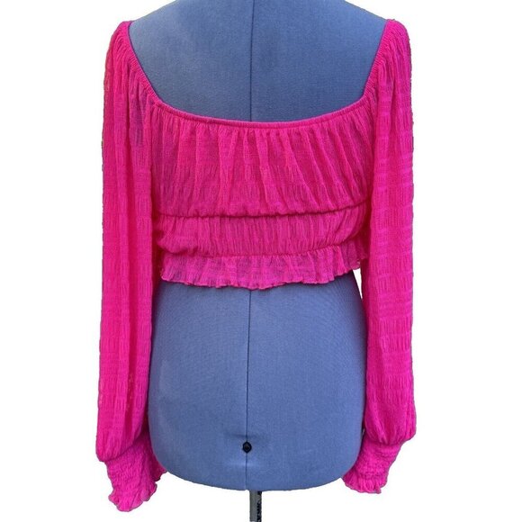 Frilly Romantic Fuchsia Crop Top Women Small Bishop Sleeve Textured Off Shoulder - Picture 3 of 16